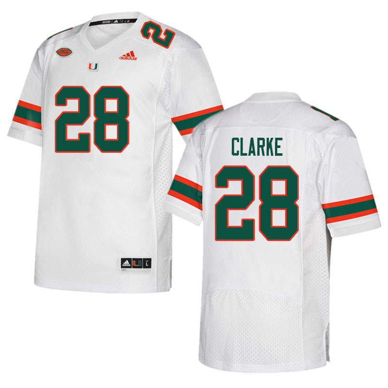 Men #28 Marcus Clarke Miami Hurricanes College Football Jerseys Sale-White - Click Image to Close
